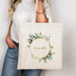 Tote Bag Botanique Gold Green Personnaliser<br><div class="desc">Ce sac fourre-tout personnalisé est décoré d'une aquarelle peinte,  d'eucalyptus,  de feuilles verts et d'un cadre en cercle doré. Pour une personnalisation plus avancée de cette conception,  cliquez sur le lien "Customiser plus loin". Des articles correspondants sont également disponibles.</div>