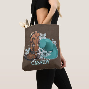 Tote Bag Botte de cowboy casquette en cuir marron turquoise