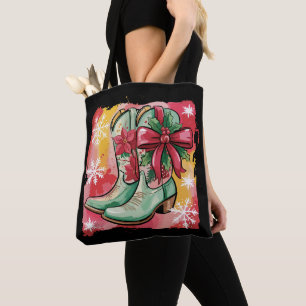 Tote Bag Bottes de cowgirl de Noël Coquette occidentale pré