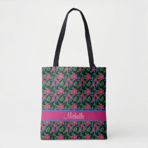 Tote Bag Boucles Bleus Fleur Rose Chaud Vibrant Foliage