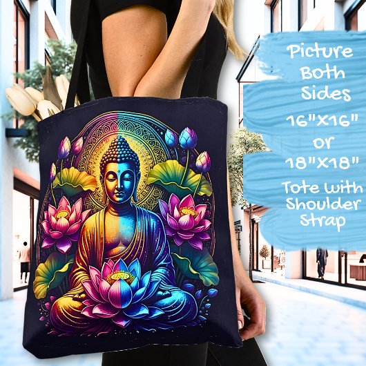 Tote Bag Bouddha coloré avec fleurs de lotus