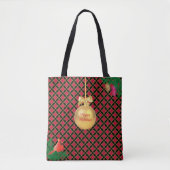 Tote Bag Boule de Noël, oiseau, cônes de pin sur Noir & Rou (Devant)
