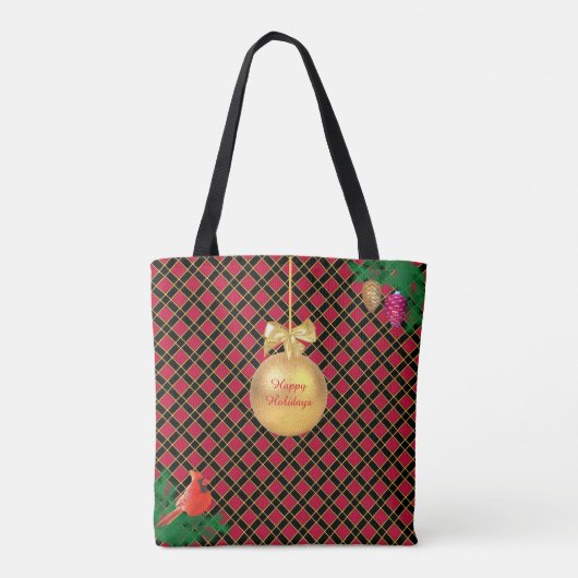 Tote Bag Boule de Noël, oiseau, cônes de pin sur Noir & Rou (Dos)