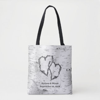 Tote Bag Bouleau Blanc Deux Cœurs Mariage Personnalisé