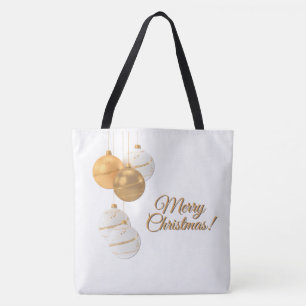 Tote Bag Boules de Noël dorées et blanches Texte personnali