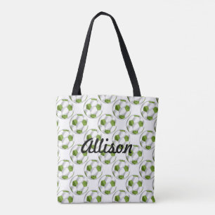 Tote Bag Boules de soccer vert et blanc avec nom