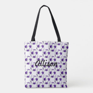 Tote Bag Boules de soccer violettes et blanches avec nom