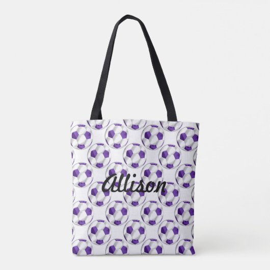 Tote Bag Boules de soccer violettes et blanches avec nom (Dos)