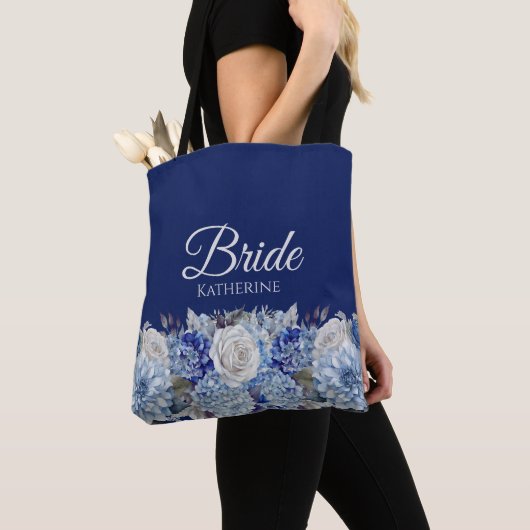 Tote Bag Bouquet-Bride-Fleur bleu aquarelle (De près)