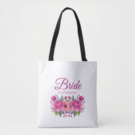 Tote Bag Bouquet-Bride-Fleur rose Aquarelle (Devant)