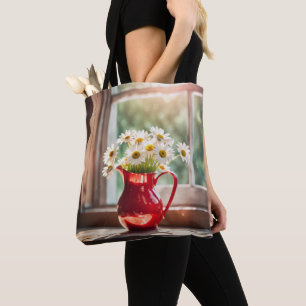 Tote Bag Bouquet De Faisceau Blanc En Pitcher Rouge