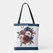 Tote Bag Bouquet de fleurs bordeaux, bleu marine et blanc M (Dos)