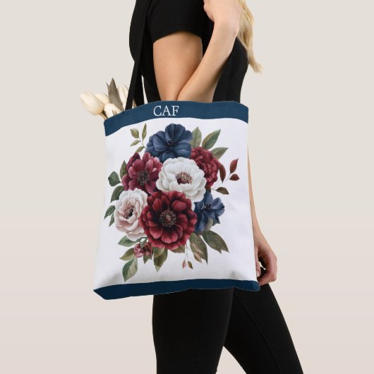 Tote Bag Bouquet de fleurs bordeaux, bleu marine et blanc M (De près)