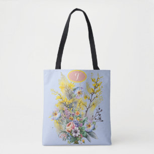 Tote Bag Bouquet de fleurs de printemps de couleur bleu mon