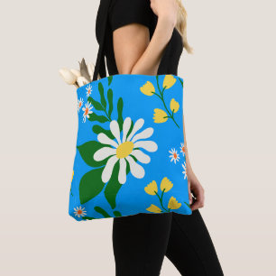 Tote Bag Bouquet de fleurs d'été sur fond bleu