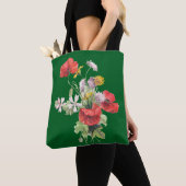 Tote Bag Bouquet de fleurs, fond vert chasseur, (De près)