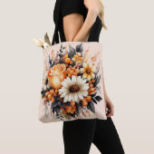 Tote Bag Bouquet de fleurs gris-jaune orange (De près)