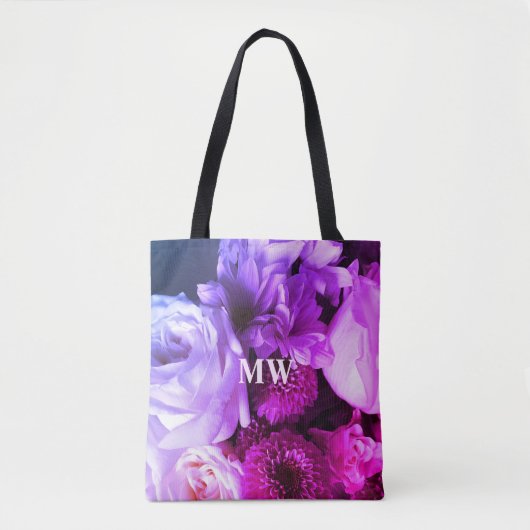 Tote Bag Bouquet de fleurs monogramme rose violet bleu phot (Devant)