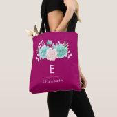 Tote Bag Bouquet de fleurs rose et vert Pastel sur Magenta  (De près)
