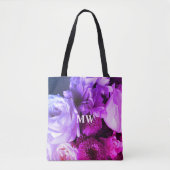 Tote Bag Bouquet de fleurs rose violet bleu à monogramme ph (Devant)