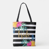 Tote Bag Bouquet de fleurs tropicales noir et blanc (Dos)