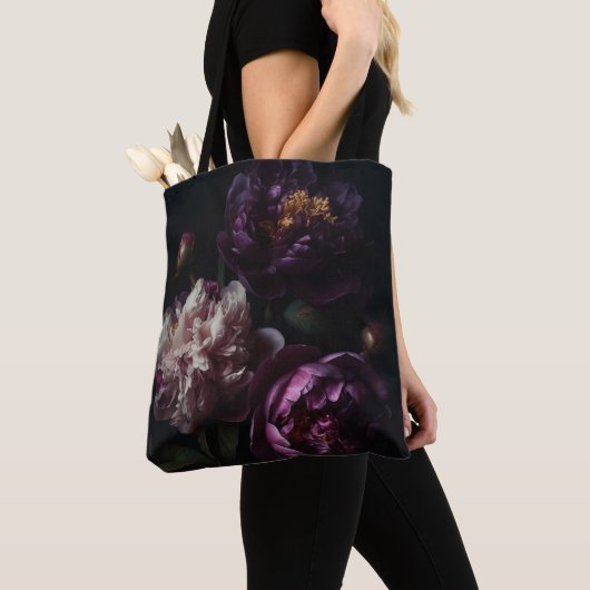 Tote Bag Bouquet de fleurs violettes romantiques foncées (De près)