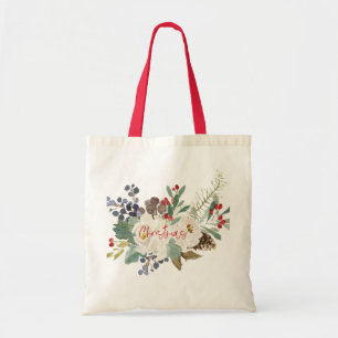 Tote Bag Bouquet de roses blanches et feuillage de Noël