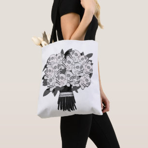 Tote Bag Bouquet de roses de crânes gothiques noir et blanc