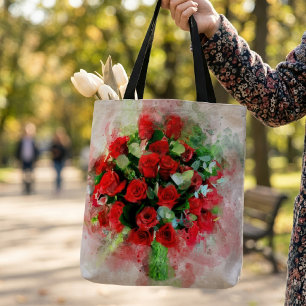 Tote Bag Bouquet de roses rouges aquarelle sur fond blanc