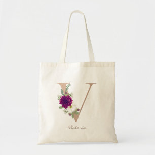 Tote Bag Bouquet floral de dahlia lettre monogramme rose or