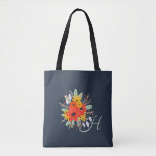 Tote Bag Bouquet floral moderne Monogramme bleu