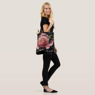 Tote Bag Bouquet floral rose romantique sur noir