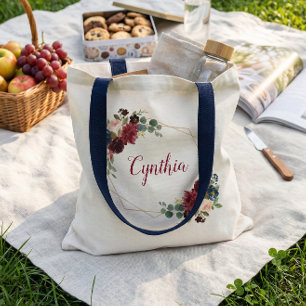 Tote Bag Bourgogne Bleu Nuit Floral Cadre Géométrique Éléga