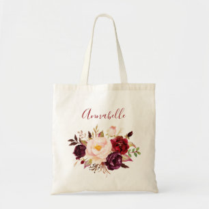 Tote Bag Bourgogne et marsala brune Floral & Nom ou Monogra