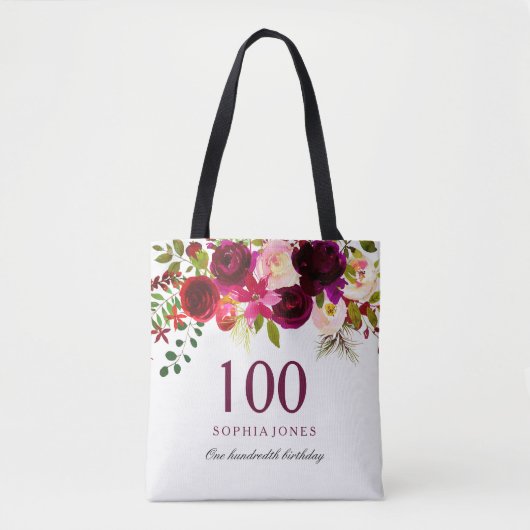 Tote Bag Bourgogne Floral Boho 100e fête d'anniversaire (Devant)