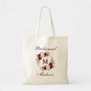 Tote Bag Bourgogne Floral Gold Circle Monogram Bridesmaid