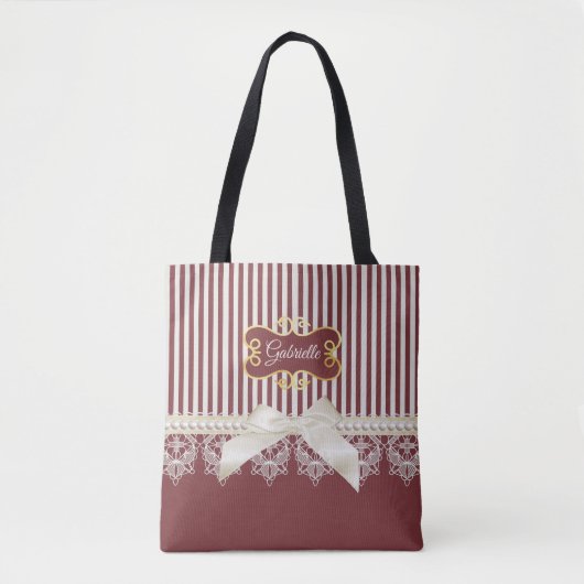 Tote Bag Bourgogne Rayure Dentelle Nom (Devant)