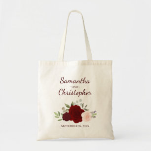 Tote Bag Bourgogne & Roses Blush Noms des Mariés Mariage