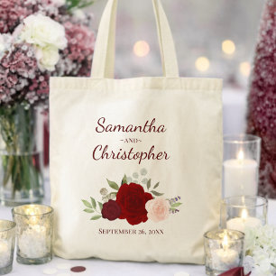 Tote Bag Bourgogne & Roses Blush Noms des Mariés Mariage