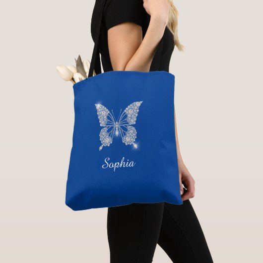 Tote Bag Bouton Diamant Blanc, Nom du script, Bleu Profond (De près)