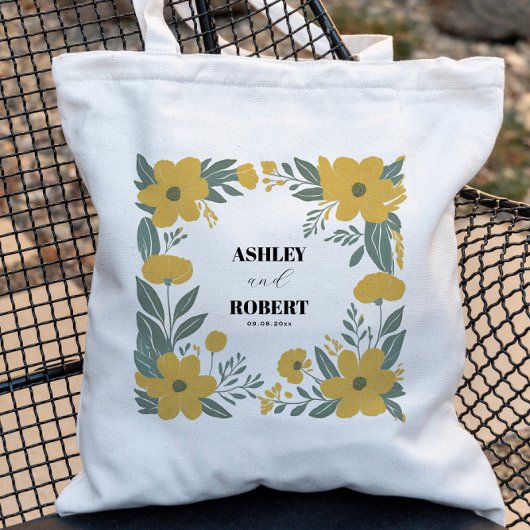 Tote Bag Bouton d'or Jaune Moderne Floral Mariage Bienvenue