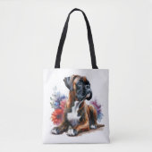 Tote Bag Boxer parmi les fleurs en aquarelle (Devant)