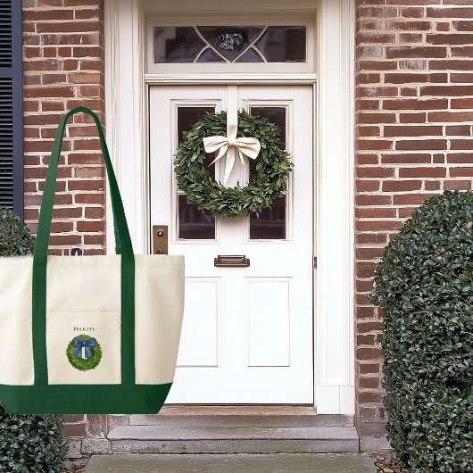 Tote Bag Boxwood Wreath Blue Bow Contrast Trier Bateau