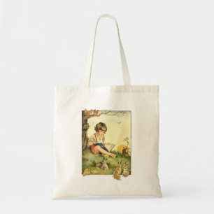 Tote Bag Boy reading under tree with rabbits