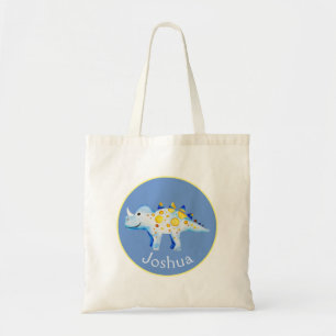 Tote Bag Boys Blue Watercolor Dinosaure and Name Kids
