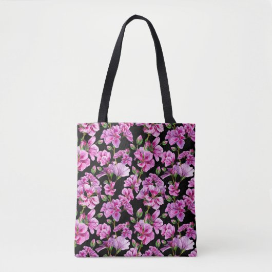Tote Bag Branches de géranium, bourgeons roses aquarelles. (Devant)