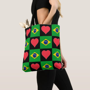 Tote Bag Brésil Drapeau Motif de coeur Patriotique Brésil