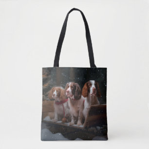 Tote Bag Bretagne Spaniel Snowy Sleigh Décor de Noël