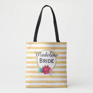 Tote Bag BRIDE FLORAL & GOLD STRIPE personnalisée