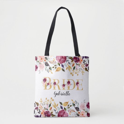 Tote Bag Bride Gold Burgundy Blush Floral Mariage (Devant)